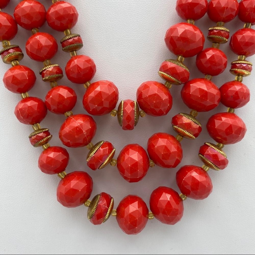 Vintage Germany Stamped Red Bead Multi Strand Nckl - Picture 2 of 14